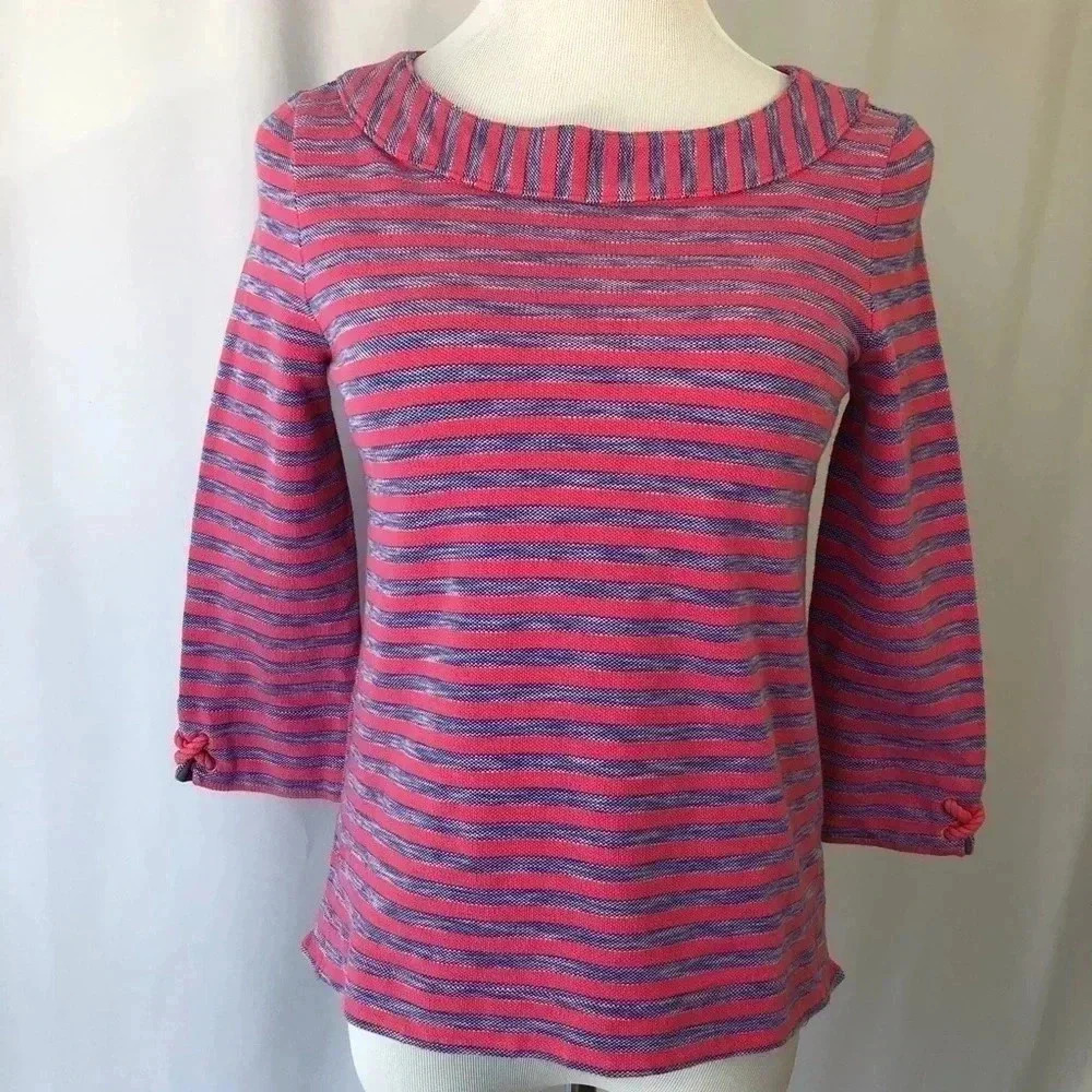 Talbots Striped Boat Neck Top Women Petites P Pink Blue 3/4 Sleeve Knot Cuff